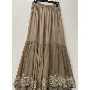Trousers Elastic Sharara Wide Size M Boho Pants Brown Embroidered Rhinestones